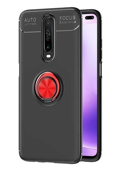 Xiaomi Redmi K30 Kılıf Ultra Korumalı Yüzüklü Manyetik Ravel Silikon Siyah - Kırmızı + Tam Kaplayan 6D Nano Ekran Koruyucu