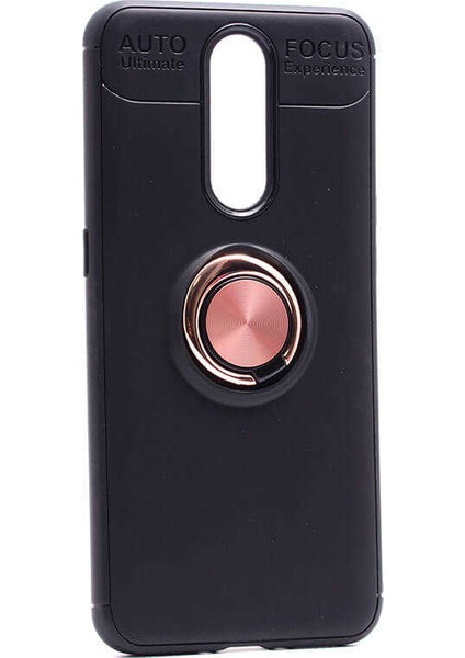 Oppo RX17 Pro Kılıf Ultra Korumalı Yüzüklü Manyetik Ravel Silikon Siyah - Rose + Tam Kaplayan 6D Nano Ekran Koruyucu