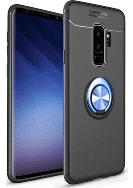 Samsung Galaxy S9 Plus Kılıf Ultra Korumalı Yüzüklü Manyetik Ravel Silikon Siyah - Mavi + Full Body Ekran Koruyucu