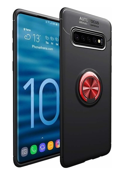 Samsung Galaxy S10 Kılıf Ultra Korumalı Yüzüklü Manyetik Ravel Silikon Siyah - Kırmızı + Full Body Ekran Koruyucu