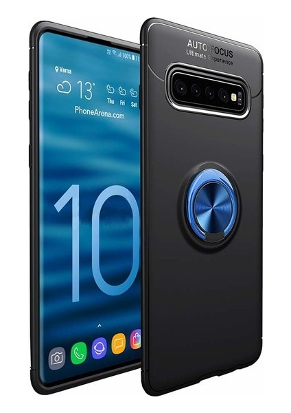 Samsung Galaxy S10 Kılıf Ultra Korumalı Yüzüklü Manyetik Ravel Silikon Siyah - Mavi + Full Body Ekran Koruyucu