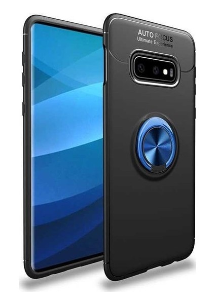 Samsung Galaxy S10E Kılıf Ultra Korumalı Yüzüklü Manyetik Ravel Silikon Siyah - Mavi + Full Body Ekran Koruyucu