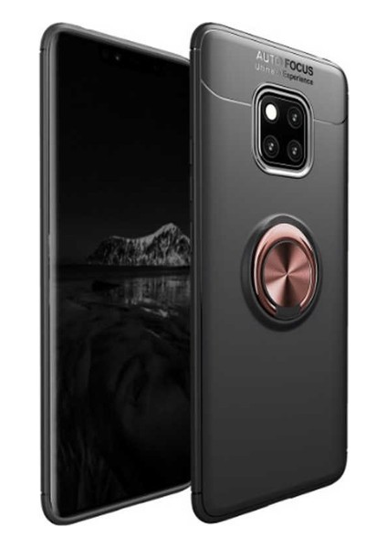 Huawei Mate 20 Pro Kılıf Ultra Korumalı Yüzüklü Manyetik Ravel Silikon Siyah - Rose + Full Body Ekran Koruyucu