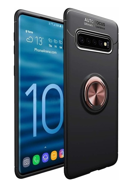 Tekno Grup Samsung Galaxy S10 Plus Kılıf Ultra Korumalı Yüzüklü Manyetik Ravel Silikon Siyah - Rose + Full Body 360 Ekran Koruyucu  Ön Arka