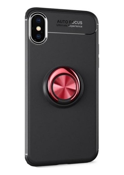 Apple iPhone X/XS Kılıf Ultra Korumalı Yüzüklü Manyetik Ravel Silikon Siyah - Kırmızı + Full Body 360 Ekran Koruyucu Ön Arka