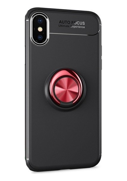 Apple iPhone XR Kılıf Ultra Korumalı Yüzüklü Manyetik Ravel Silikon Siyah - Kırmızı + Full Body 360 Ekran Koruyucu Ön Arka
