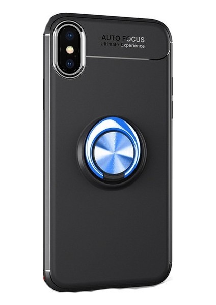 Apple iPhone XR Kılıf Ultra Korumalı Yüzüklü Manyetik Ravel Silikon Siyah - Mavi + Full Body 360 Ekran Koruyucu Ön Arka
