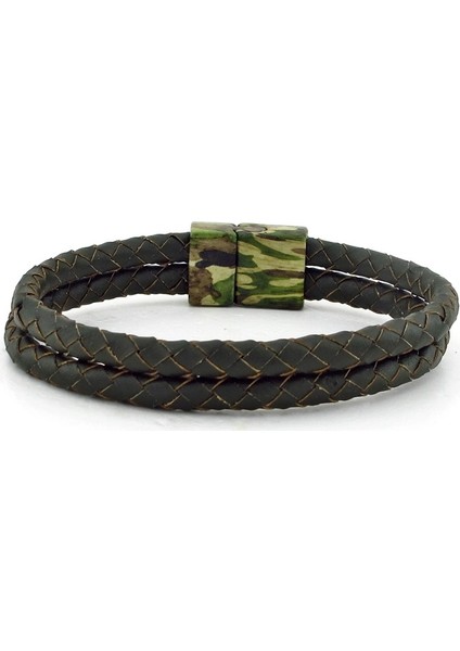 Askeri Kamuflaj Metal Mıknatıs Deri Erkek Bileklik BT648