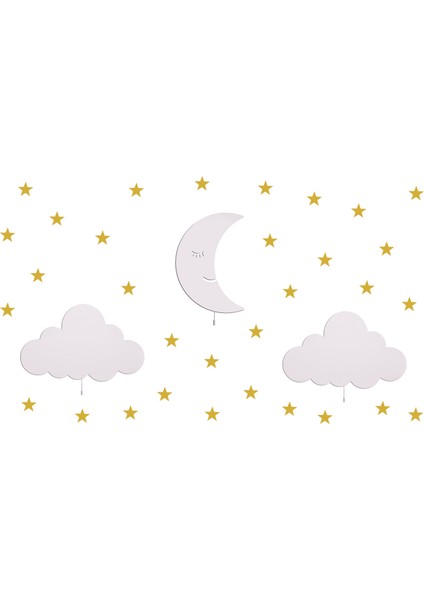 Üçlü Ahşap Duvar Aydınlatma Seti 100 Gold Yıldız Sticker Hediyeli