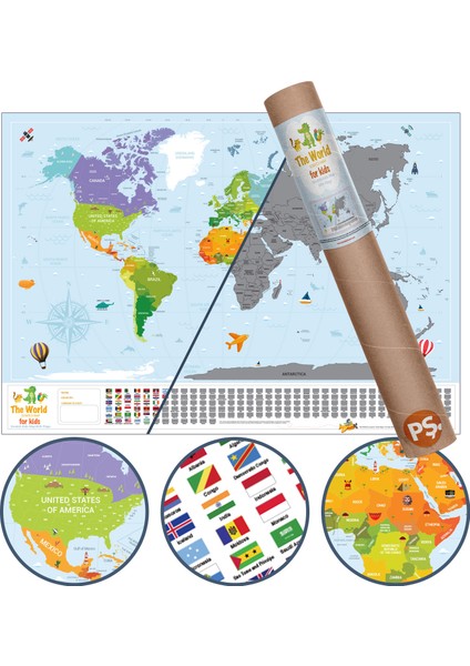 Scratch Map Kids Eyaletli Kazınabilir Eğitici Öğretici Çocuk Dünya Haritası En Büyük Boy 70 × 100 cm