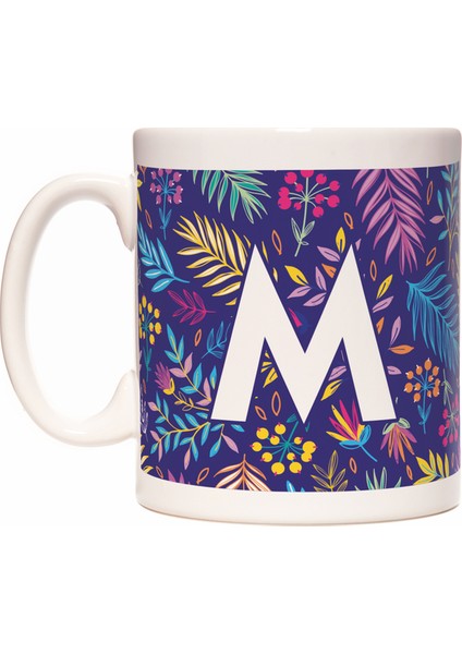 M Harfi Otantik Çiçek Desenli Baş Harf Renkli Tropik Kupa Bardak