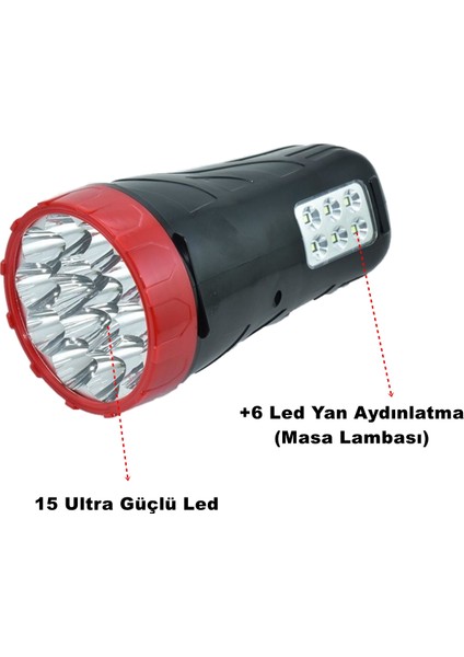 ST-6665 Ultra Güçlü 15 LED Şarjlı El Feneri + 6 LED Yan Aydınlatma