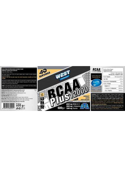 West Nutrition Bcaa Plus 12000 Glutamin Taurin 600 Gr 40 Servis Ananas Aromalı