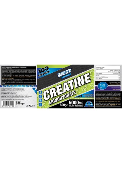 West Nutrition Creatine Monohydrate 600 gr 100 Servis Yeşil Elma Aromalı