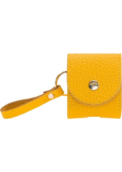 Gerçek Deri Airpod Case Askılı Kulaklık Kılıfı FL12 Sarı