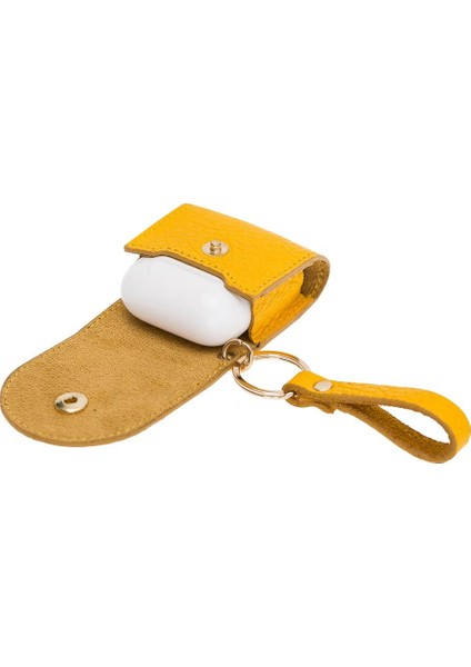 Gerçek Deri Airpod Case Askılı Kulaklık Kılıfı FL12 Sarı fırsatları