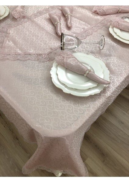 Kdk Dertsiz Fransız Güpürlü Masa Örtüsü Takımı 8 Kişilik 18 Parça Pudra