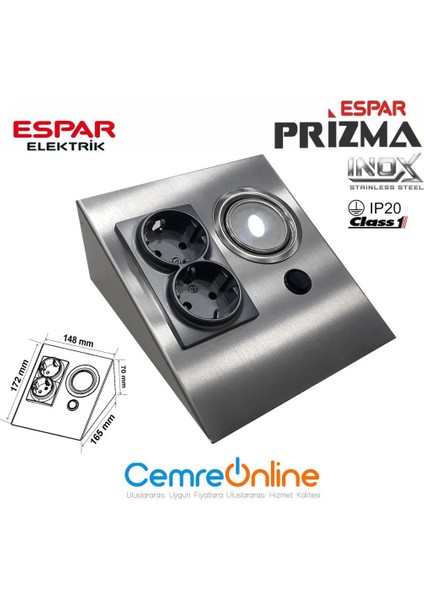 EPS150-2PL3 Tezgah Altı Üçgen Spot Inox 6500K + 2'li Priz modelleri