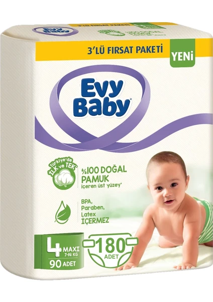 Evy Baby Bebek Bezi 4 Beden Maxi 7-14 kg Doğal Pamuklu 180 Adet