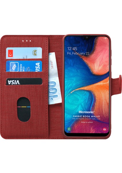 Samsung Galaxy A20 Kılıf Fabric Book Wallet Kırmızı