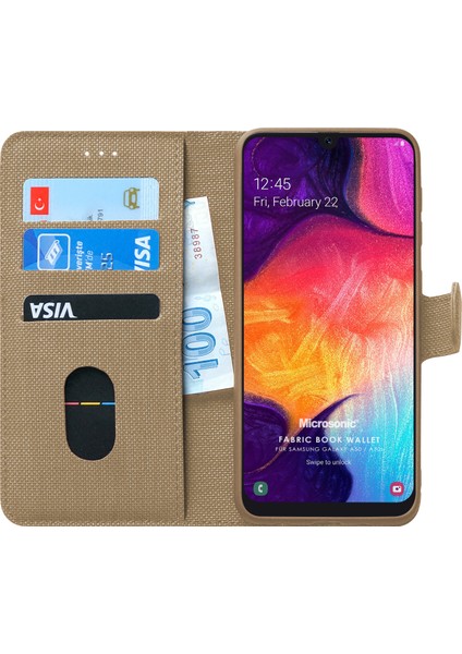 Samsung Galaxy A50 Kılıf Fabric Book Wallet Gold