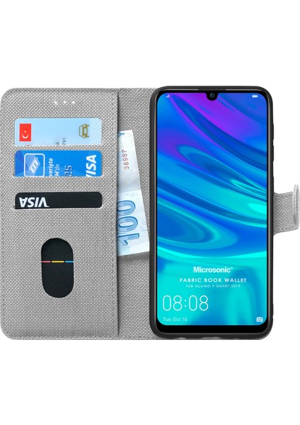 Huawei P Smart 2019 Kılıf Fabric Book Wallet Gri