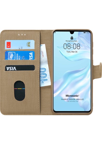 Huawei P30 Kılıf Fabric Book Wallet Gold