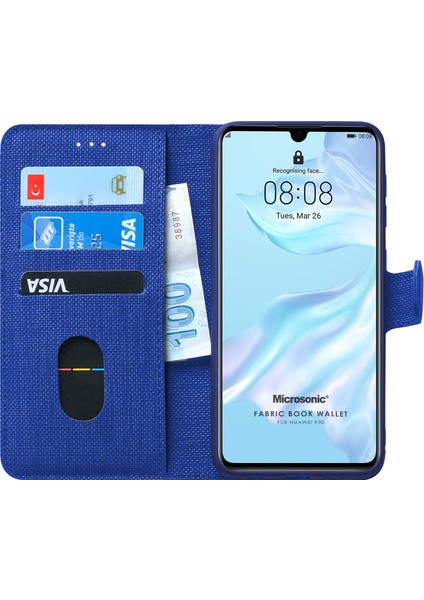 Huawei P30 Kılıf Fabric Book Wallet Lacivert