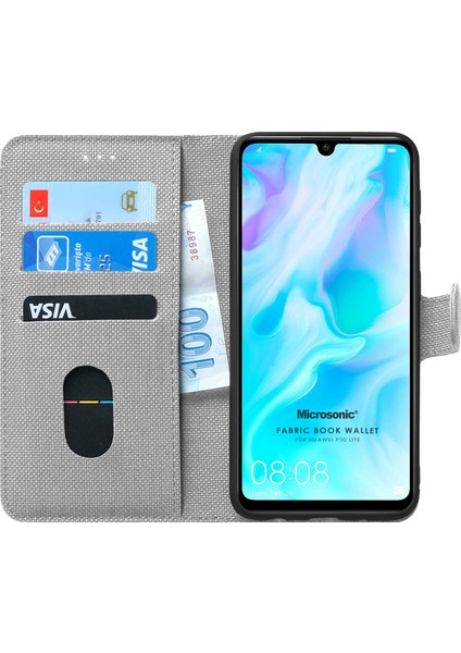 Huawei P30 Lite Kılıf Fabric Book Wallet Gri