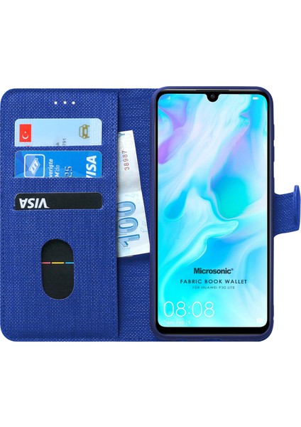 Huawei P30 Lite Kılıf Fabric Book Wallet Lacivert