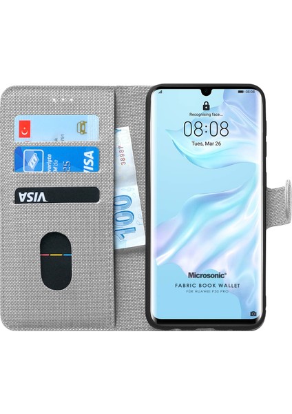 Huawei P30 Pro Kılıf Fabric Book Wallet Gri