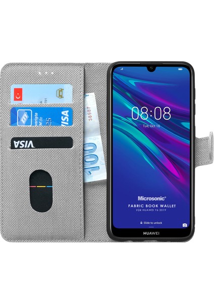 Huawei Y6 2019 Kılıf Fabric Book Wallet Gri