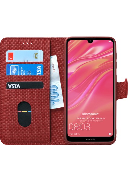 Huawei Y7 Prime 2019 Kılıf Fabric Book Wallet Kırmızı