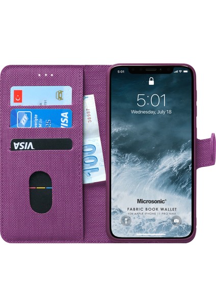 Apple iPhone 11 Pro Max Kılıf Fabric Book Wallet Mor