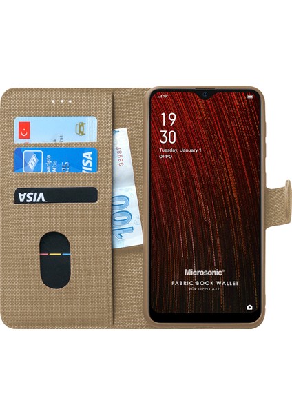 Oppo AX7 Kılıf Fabric Book Wallet Gold