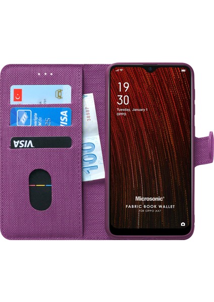 Oppo AX7 Kılıf Fabric Book Wallet Mor