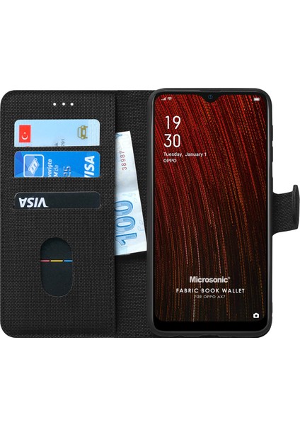 Oppo AX7 Kılıf Fabric Book Wallet Siyah