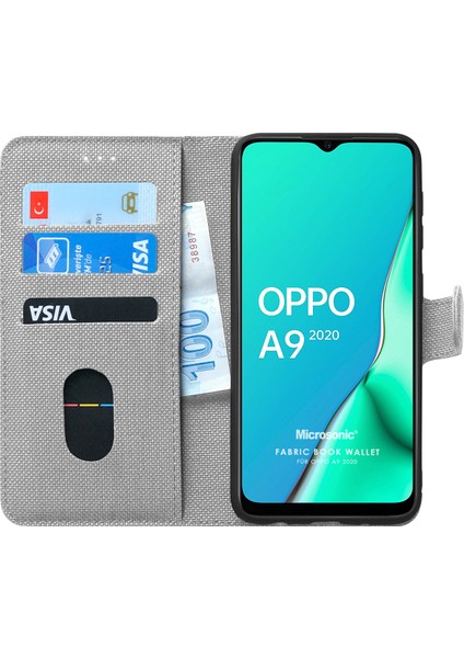 Oppo A9 2020 Kılıf Fabric Book Wallet Gri