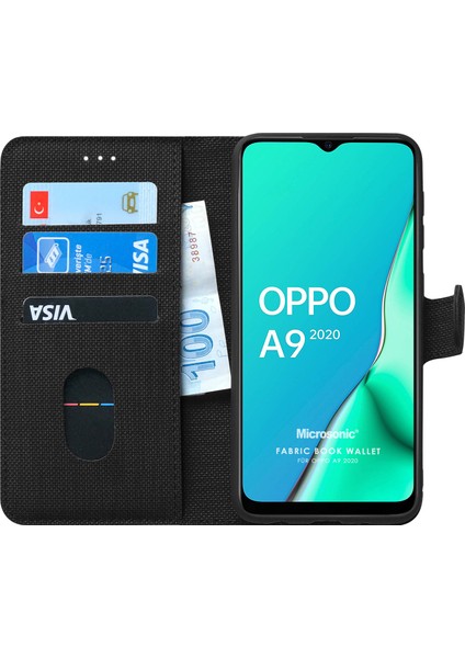 Oppo A9 2020 Kılıf Fabric Book Wallet Siyah
