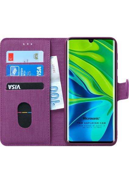 Xiaomi Mi Note 10 Kılıf Fabric Book Wallet Mor