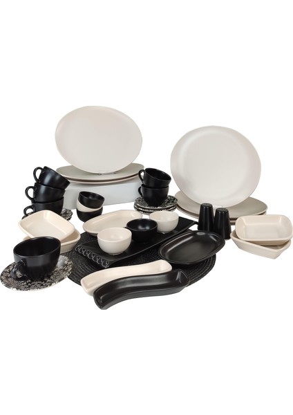 Oval 35 Parça 6 Kişilik Kahvaltı Takımı Siyah / Krem Mat