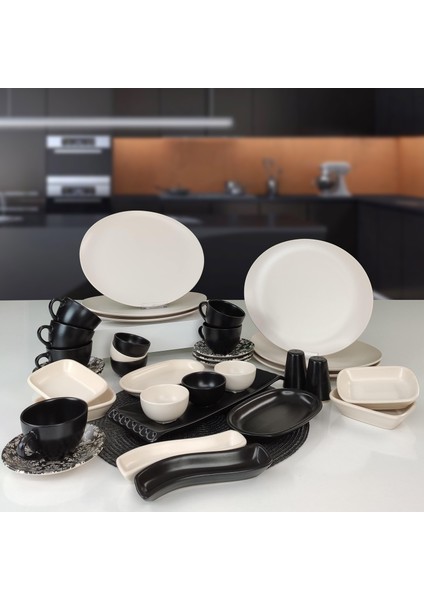 Oval 35 Parça 6 Kişilik Kahvaltı Takımı Siyah / Krem Mat fiyatları