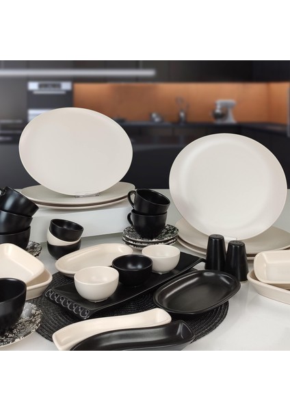 Oval 35 Parça 6 Kişilik Kahvaltı Takımı Siyah / Krem Mat modelleri