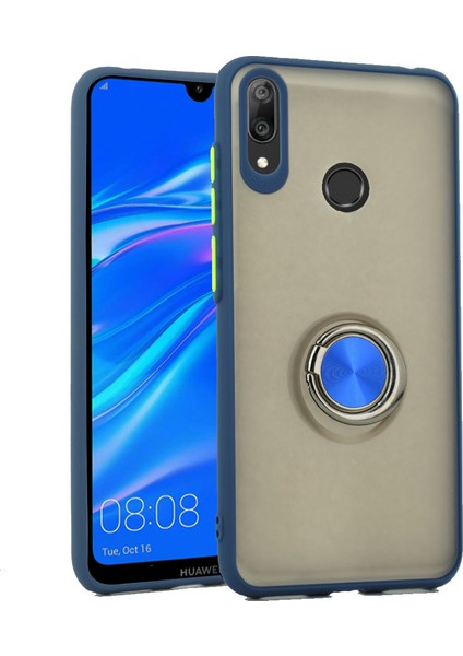 Huawei Y7 2019 Kılıf Renkli Stripe Şeffaf Silikon Yüzük Tutuculu Lacivert