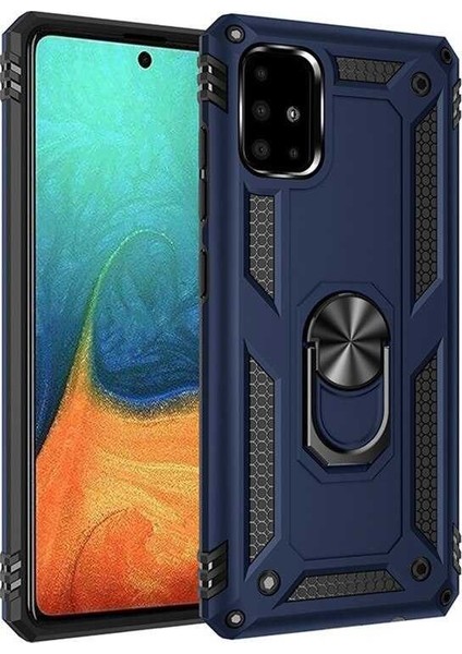 Samsung Galaxy S10 Lite Kılıf Standlı Yüzük Tutuculu Vega100 + Nano Glass Mavi