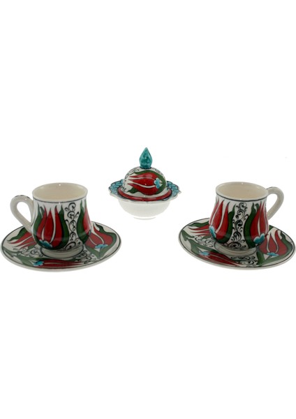 Otantik Çini Turkuaz Figür Kırmızı Lale Porselen Fincan Lokumluk 2'li