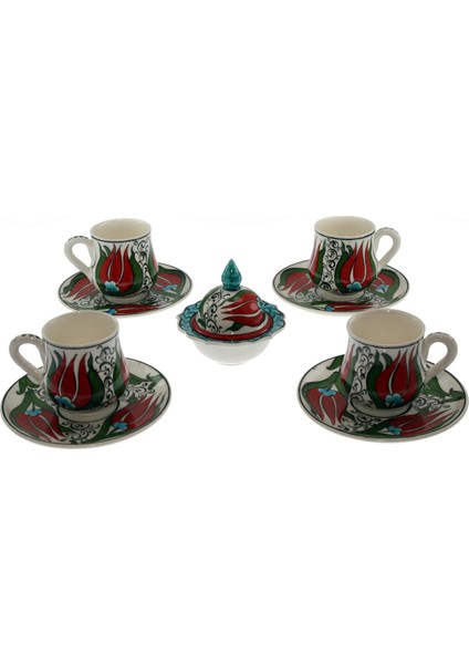 Otantik Çini Kırmızı Lale Osmanlı Porselen Fincan Lokumluk 4'lü
