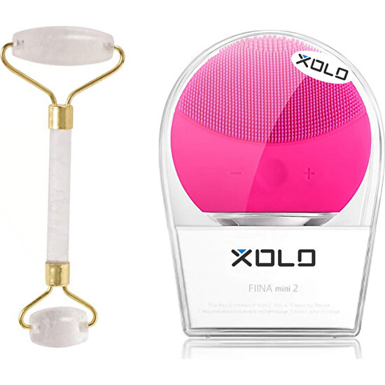 Xolo Şarj Edilebilir Fuşya Yüz Temizleme Cihazı + Jade Roller Beyaz 2'li Yeşim Taşı Masaj Aleti