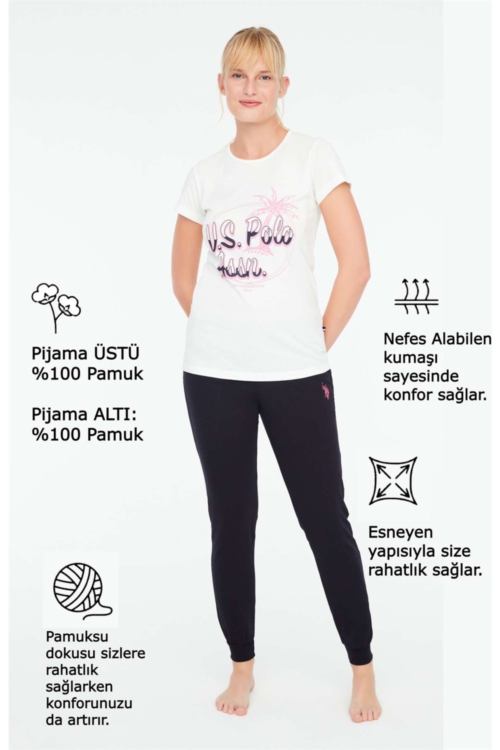 U.S. Polo Assn. Kadın Mercan Yuvarlak Yaka Pijama Takımı 16878 görsel 4