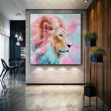 SML Tablo Pembe Turkuaz Aslan Pastel Tonlar Naif Sanat Vahşi Hayvan Dekor Kanvas Tablo